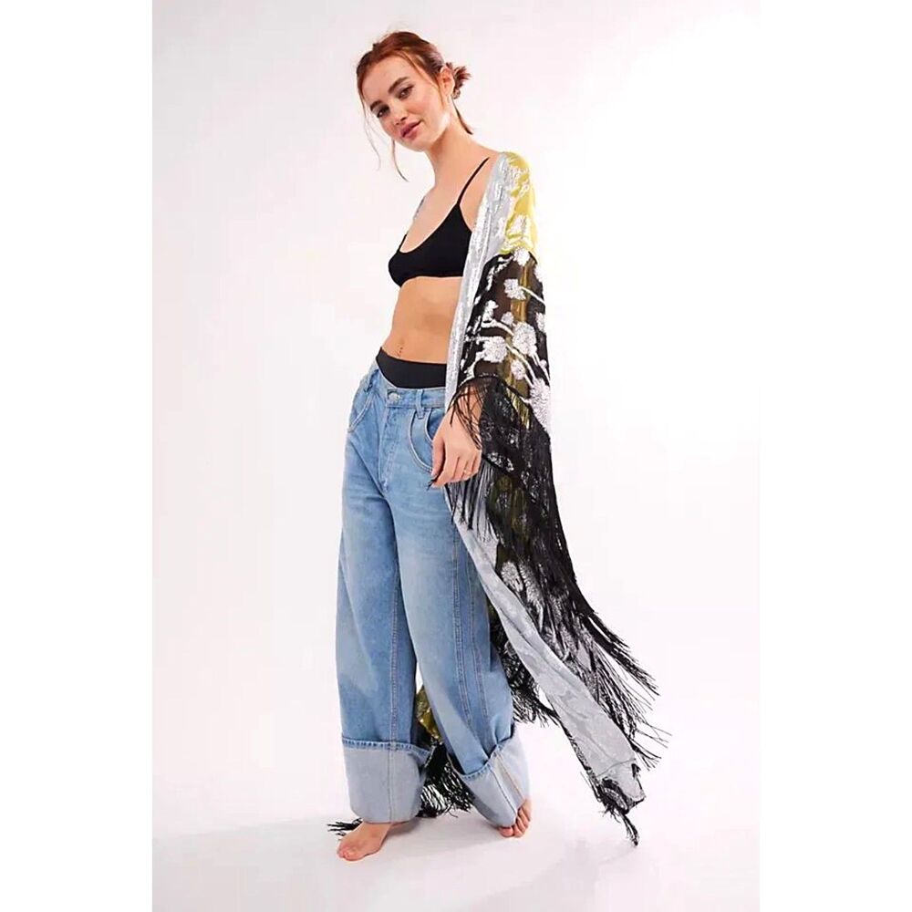 FREE PEOPLE FLORENCE KIMONO STEVIE NICKS STYLE! One Size Metallic NWT Very Rare! - Picture 3 of 9
